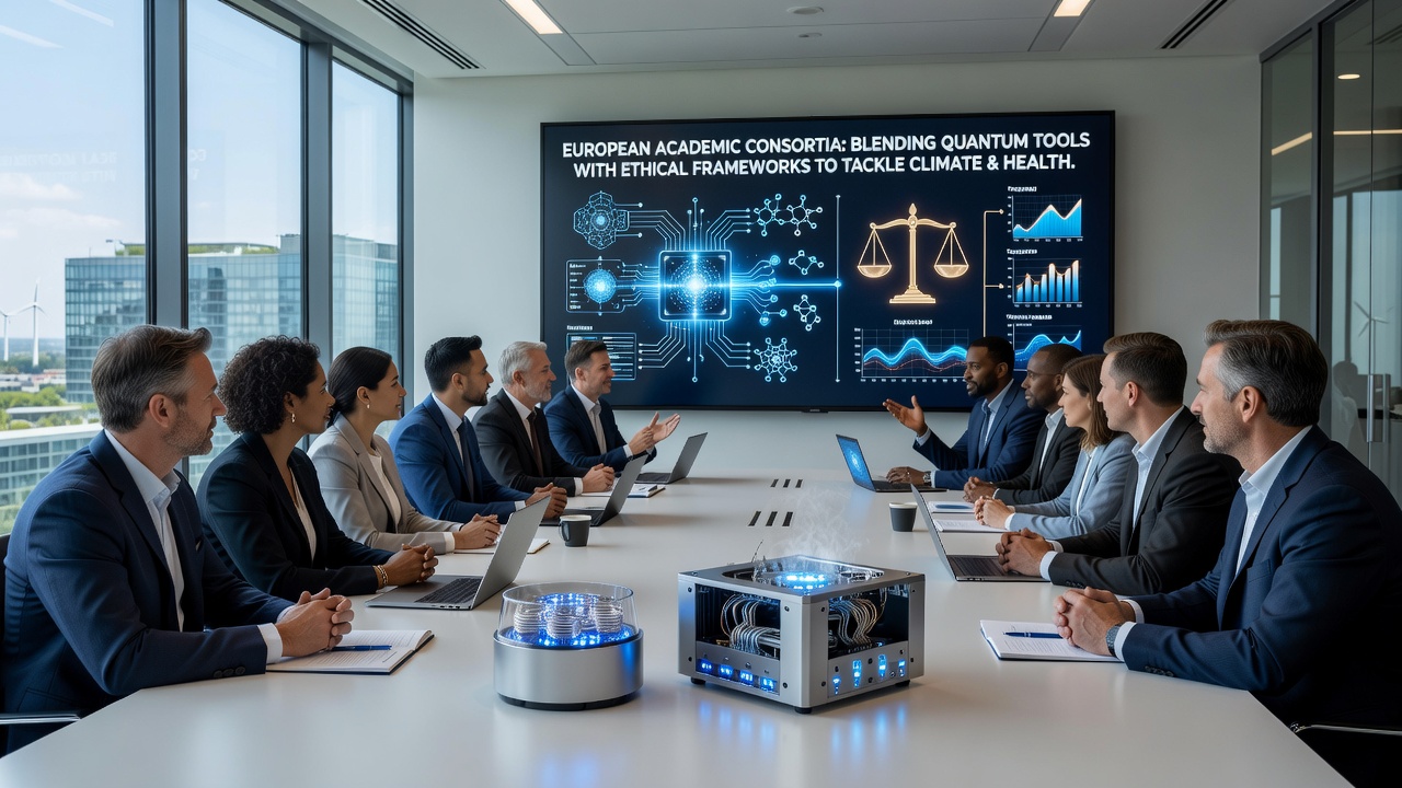 European research team reviewing ethical guidelines alongside quantum computing hardware setups